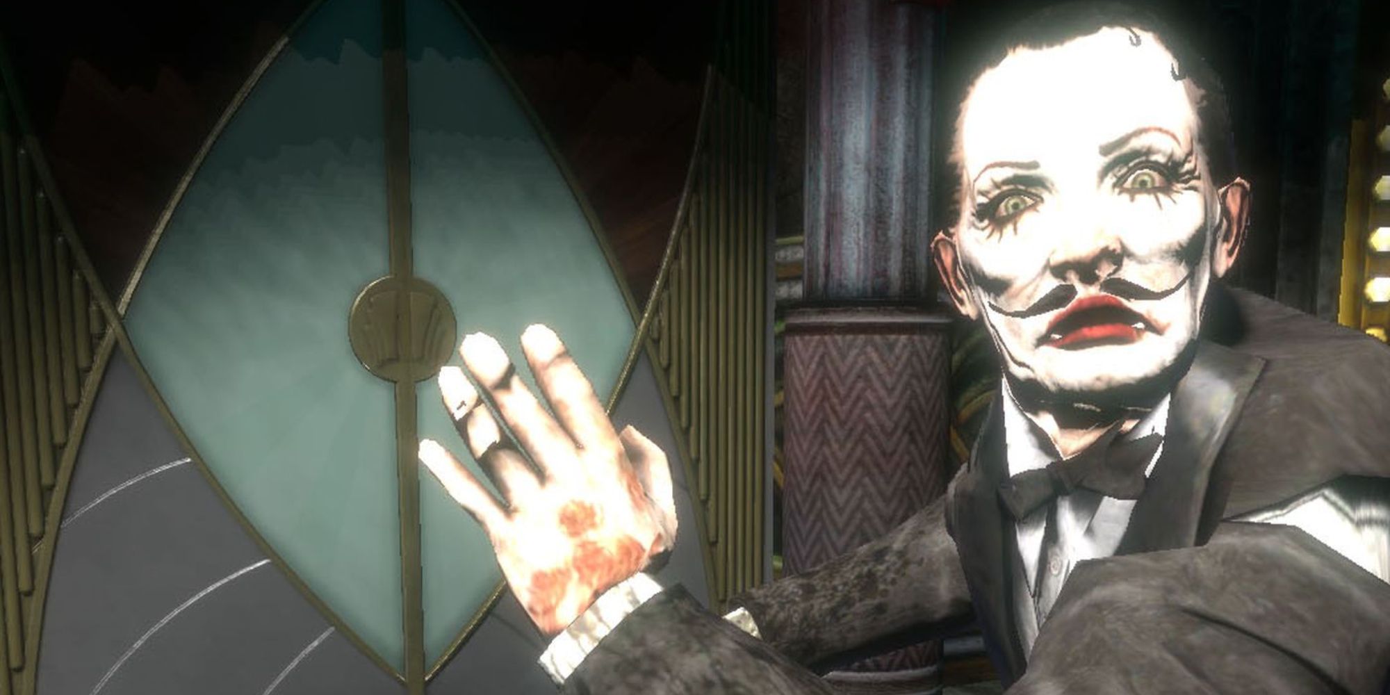 Bioshock Side Characters a close up of the character Sander Cohen who is manically looking at the player while indicating to a door with his hand