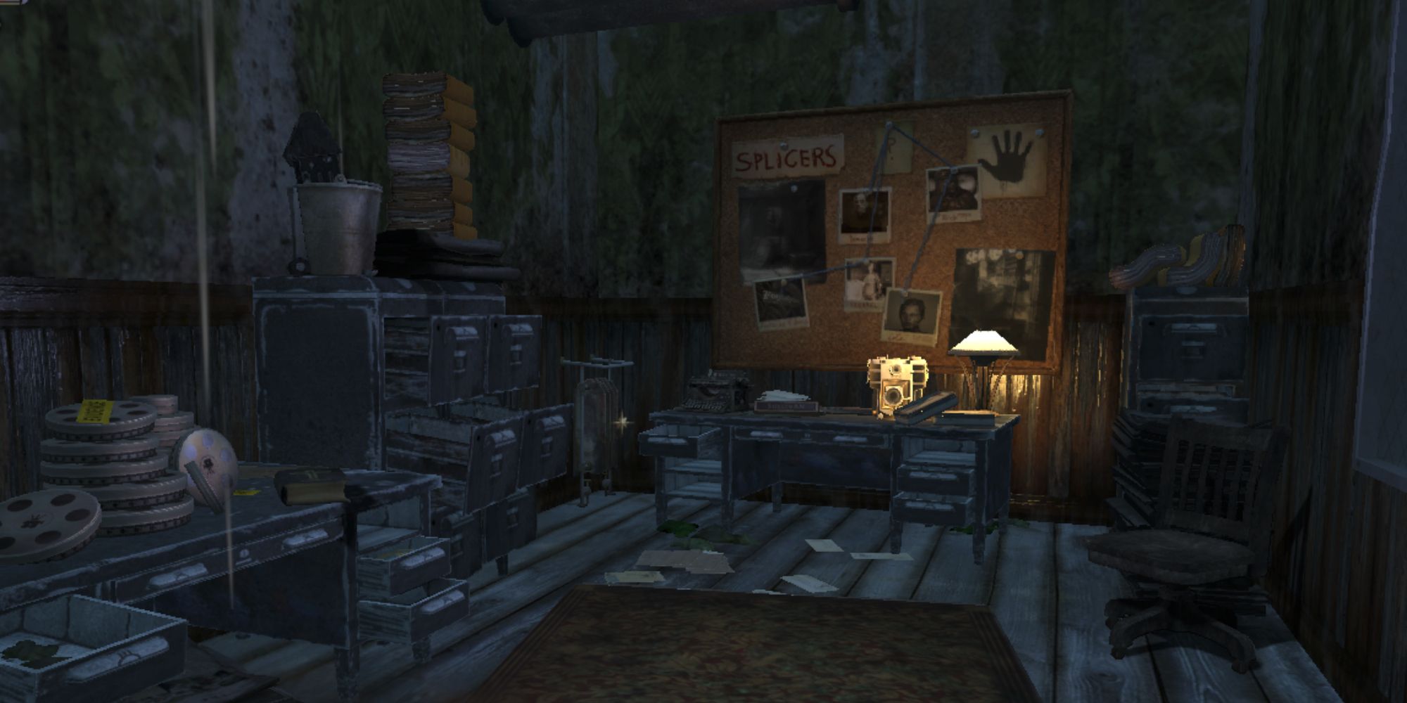 Bioshock Side Characters a wide shot of a large room full of film reels, scattered papers and a board with various pictures on it, which acts as the office of the character Sullivan