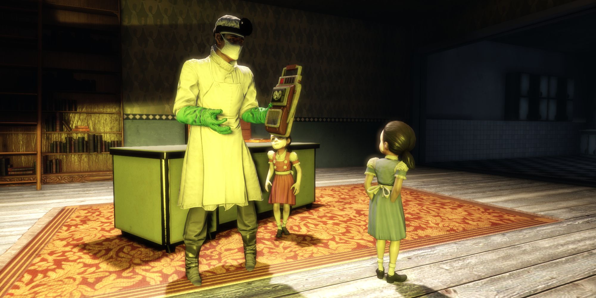 Bioshock Side Characters a wide shot of the character Yi Suchong stood next to a desk holding a device in one hand while the Little Sisters stand beside him