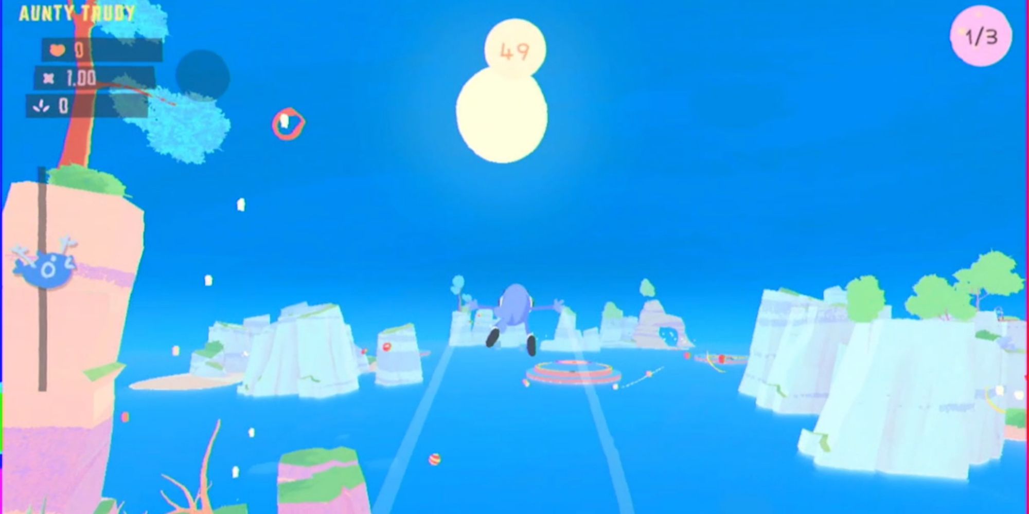 Fish from Bonito Days soaring toward a target above a blue ocean in a blue sky