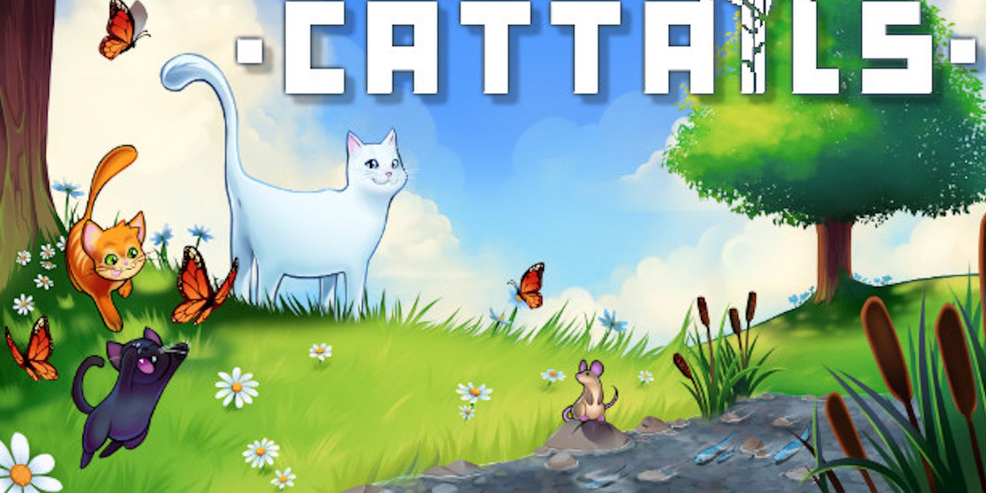 Artwork for Cattails featuring cats, butterflies, and mice in a sunny meadow
