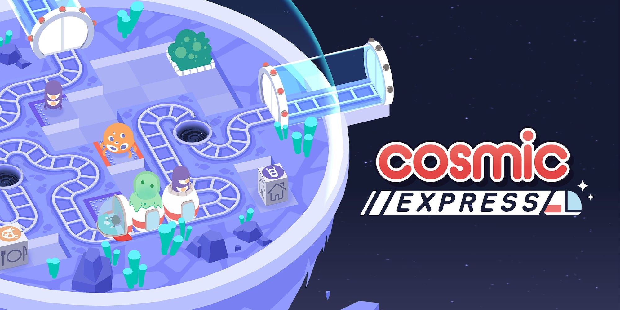 Title screen of Cosmic Express featuring a small space station with train tracks