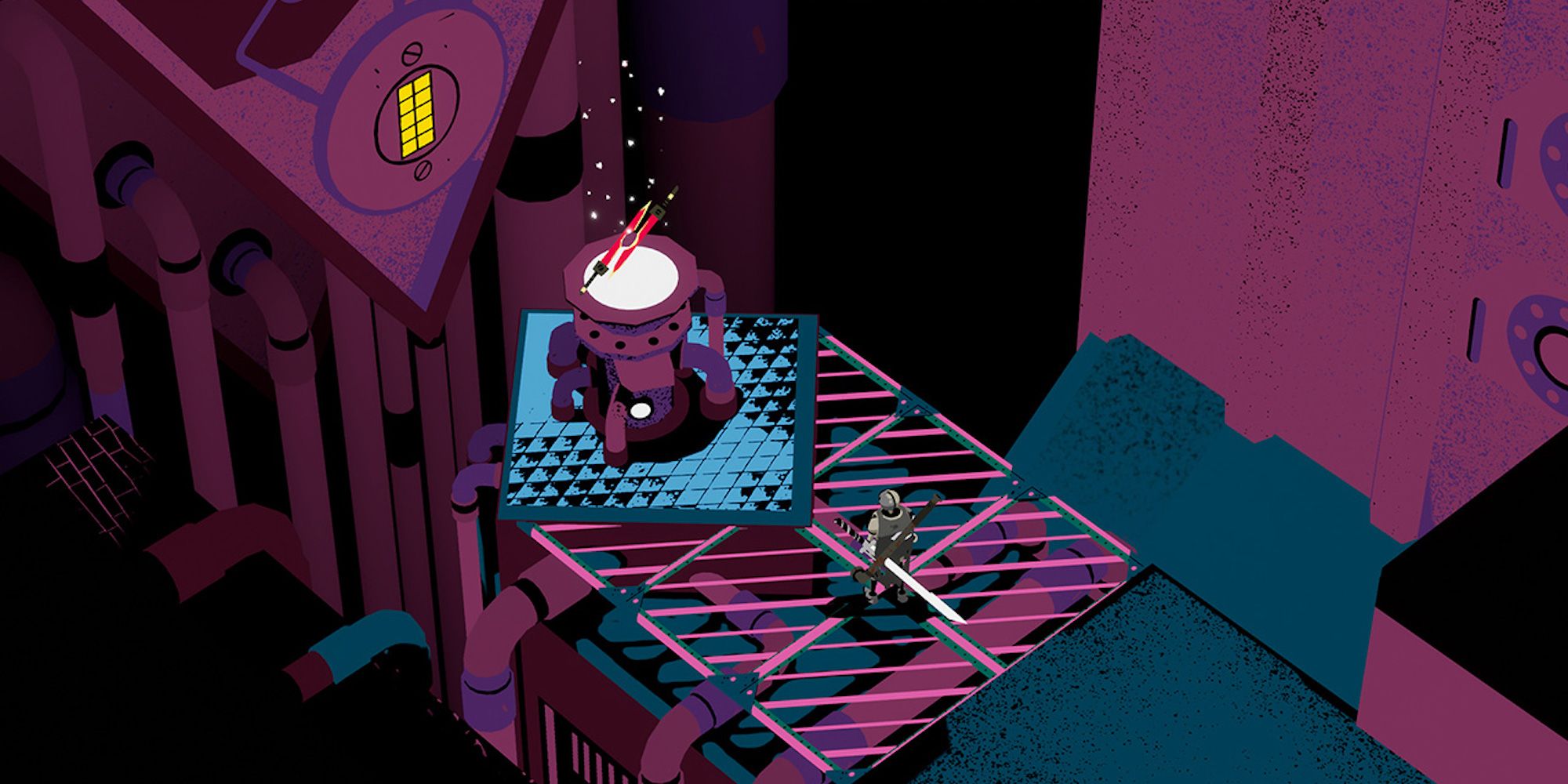 BOT-C from Creature in the Well in a purple chamber in front of a weapon upgrade