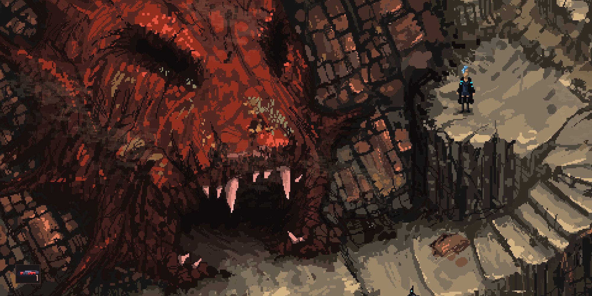 Small blue-haired character at the top of steps leading into a monster's mouth
