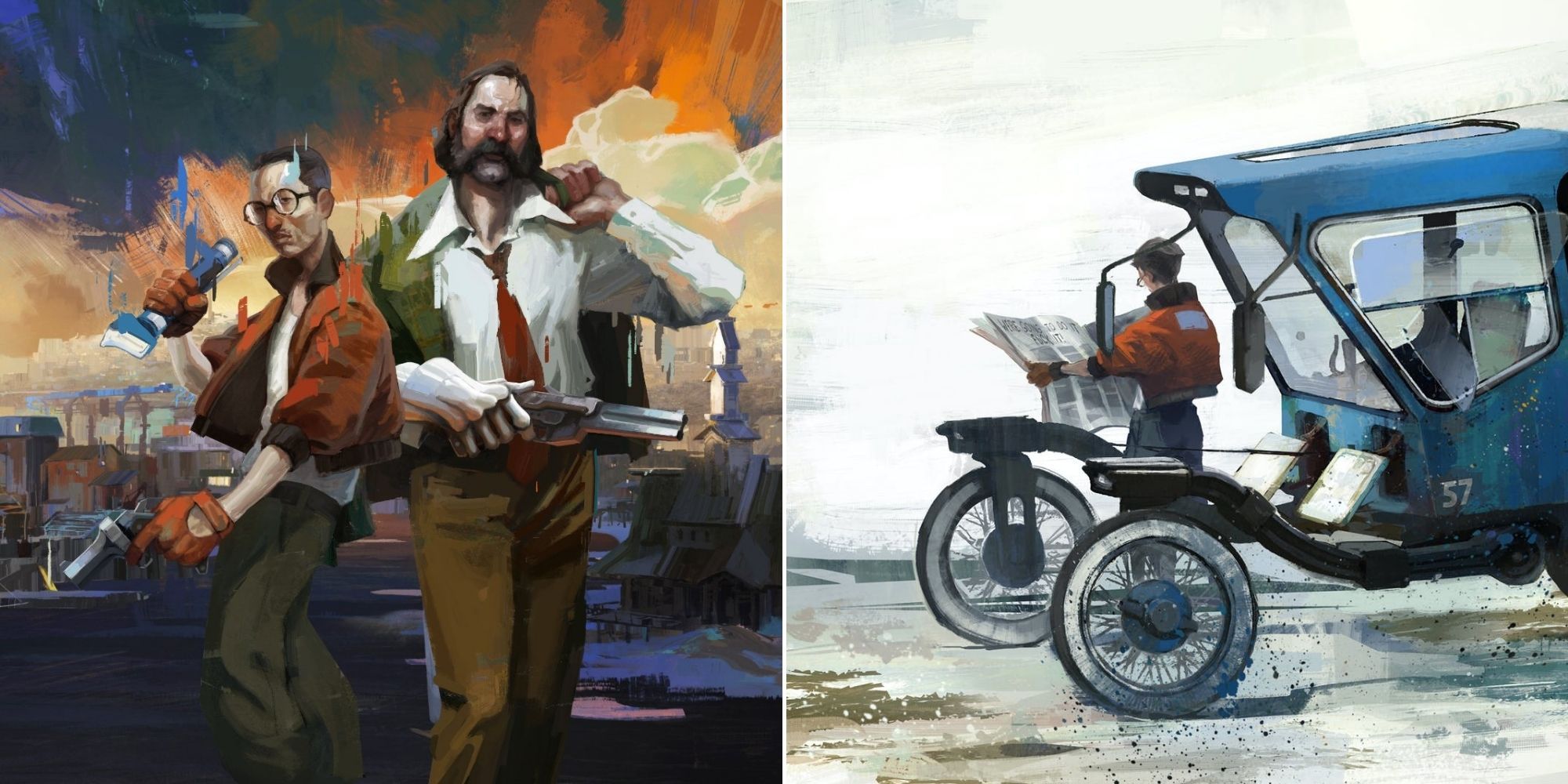 Disco Elysium - Kim Kitsuragi and the protagonist in the Cover Art - Kim and his vehicle Official Concept Art