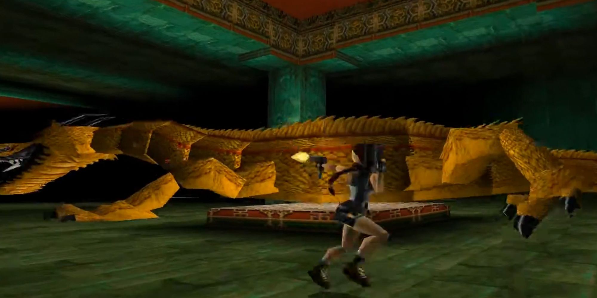 Tomb Raider 2 Dragon. Lara fighting dragon in a boss fight.