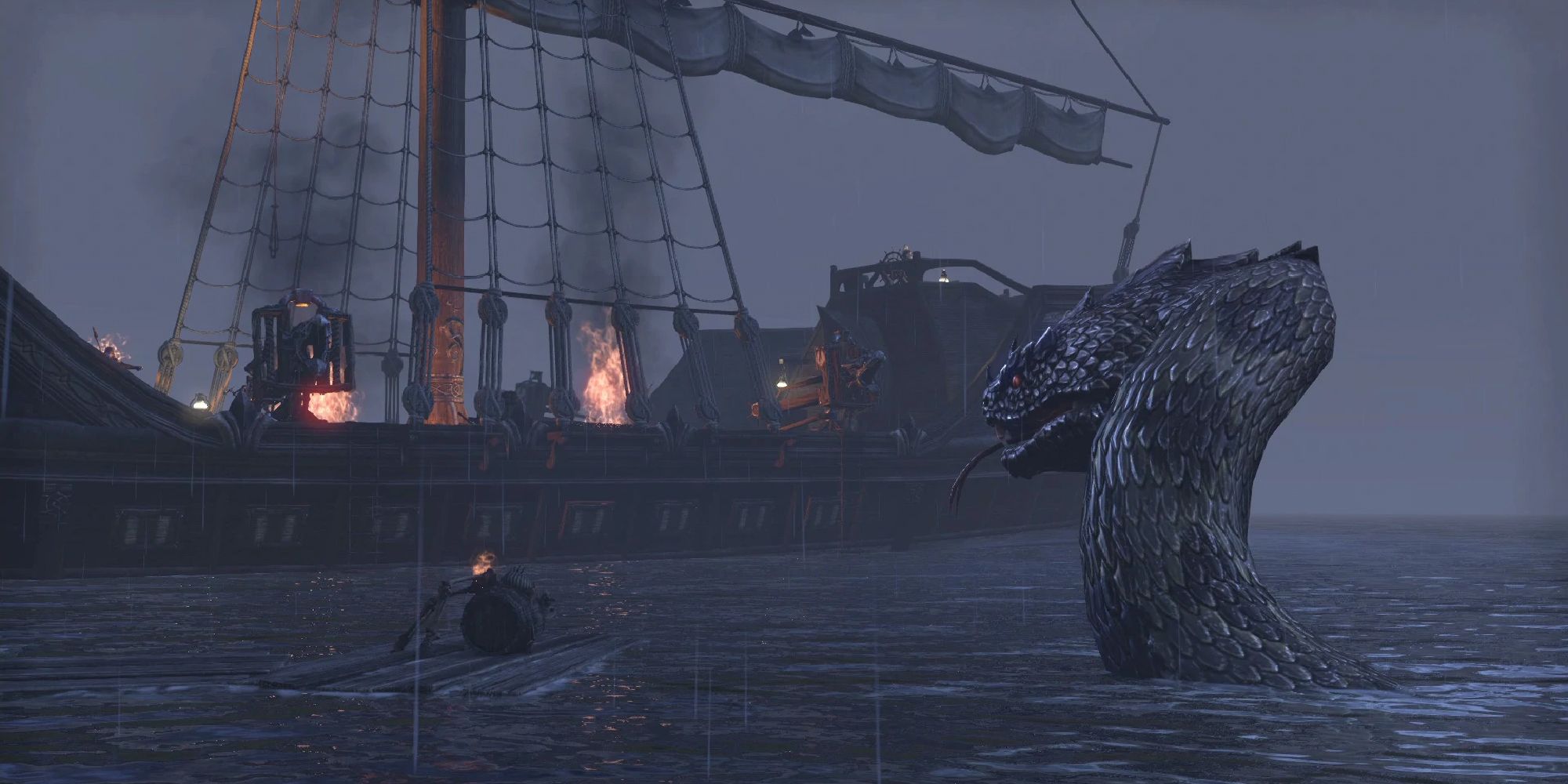Elder Scrolls Online Sea Serpent Sticking Its Head Out Of The Water In A Storm By A Burning Ship