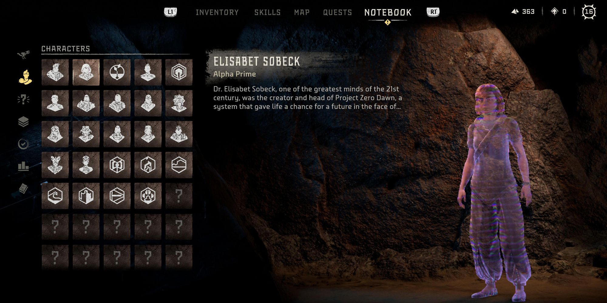 Horizon: Forbidden West, Elisabet Sobeck character information screen.