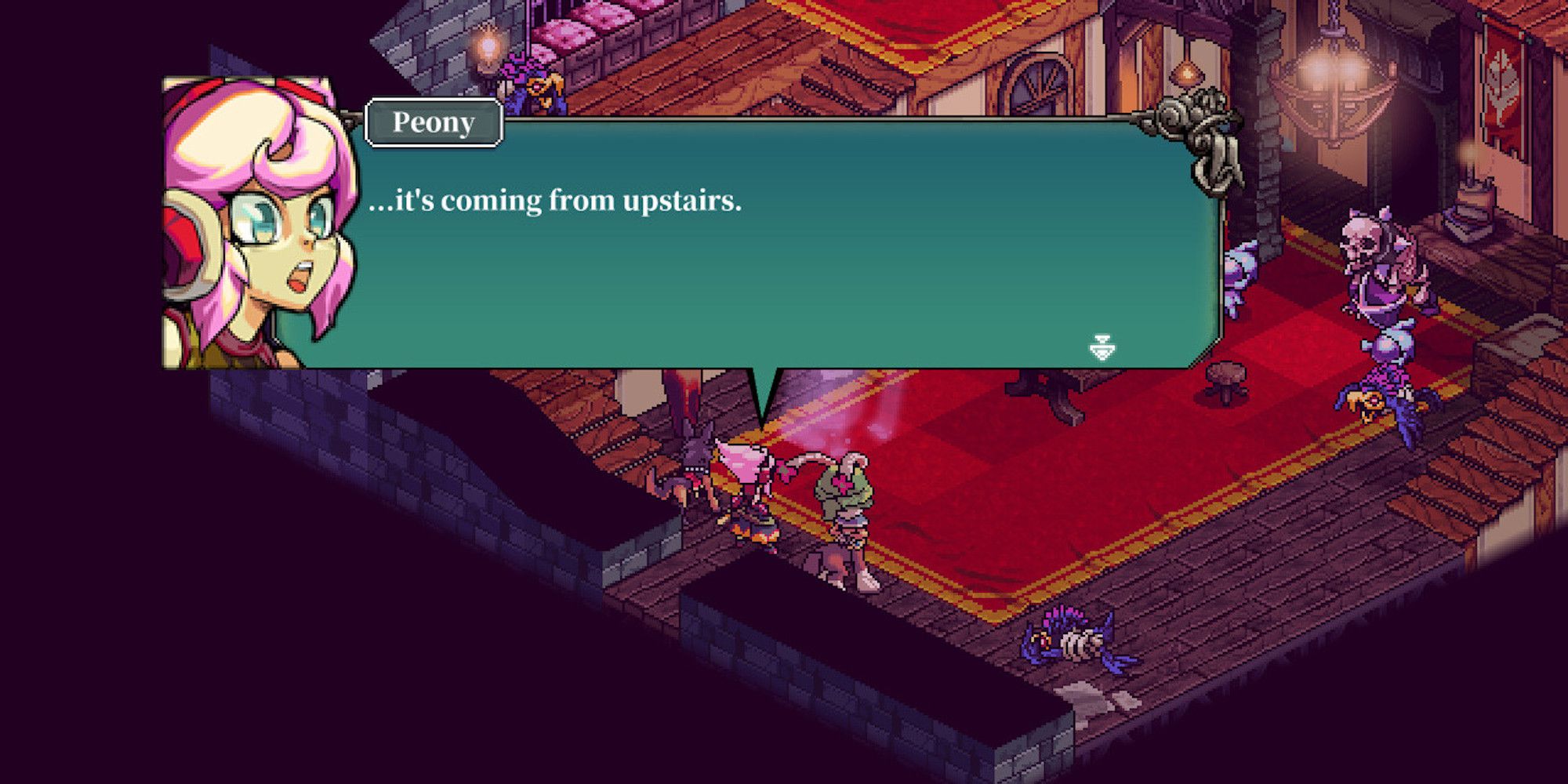 Interior scene in a red-carpeted room featuring protagonist Peony