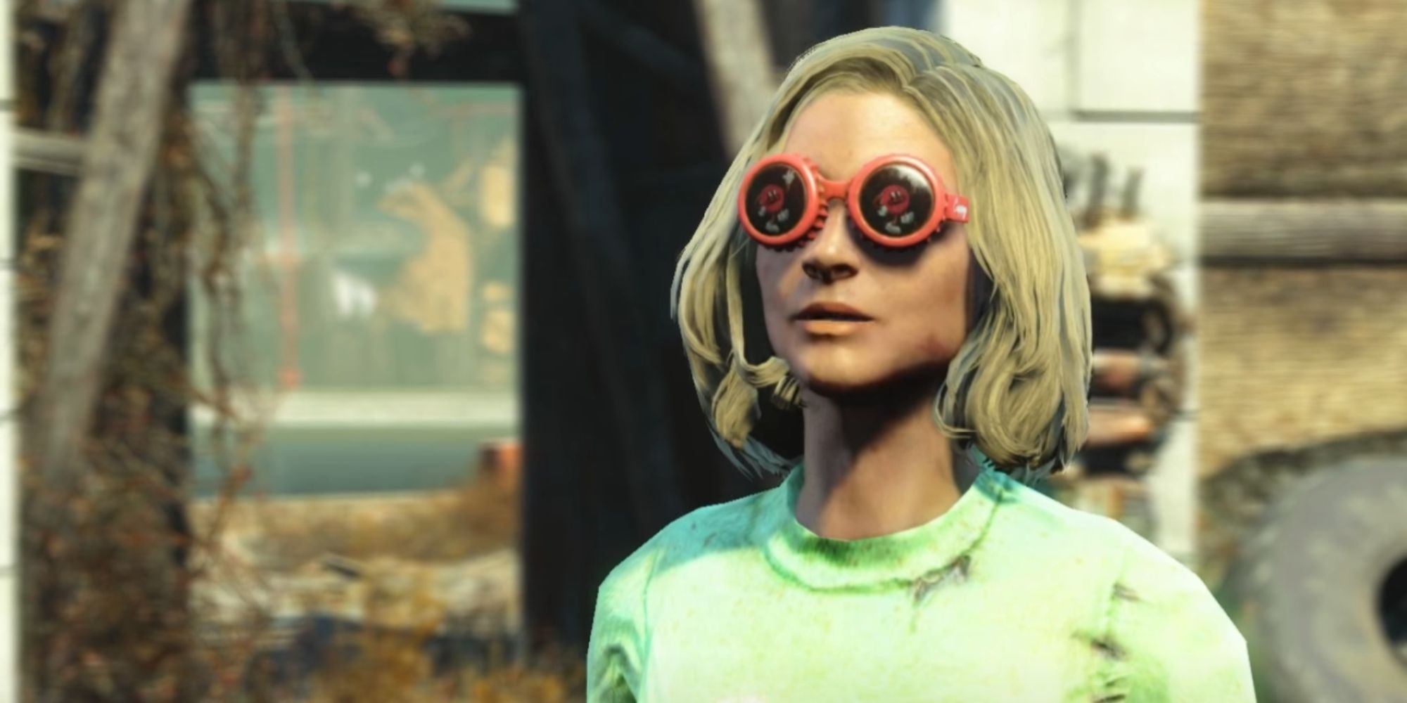 Fallout 4 Sierra Standing At Nuka-World's Entrance with nuka goggles on