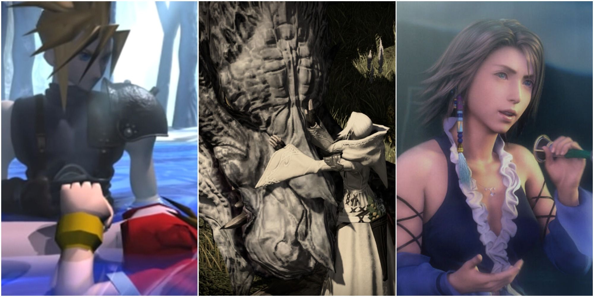 Final Fantasy series split image Cloud holding Aerith's body, Shiva embracing Hraesvelgr, and 'Yuna' singing