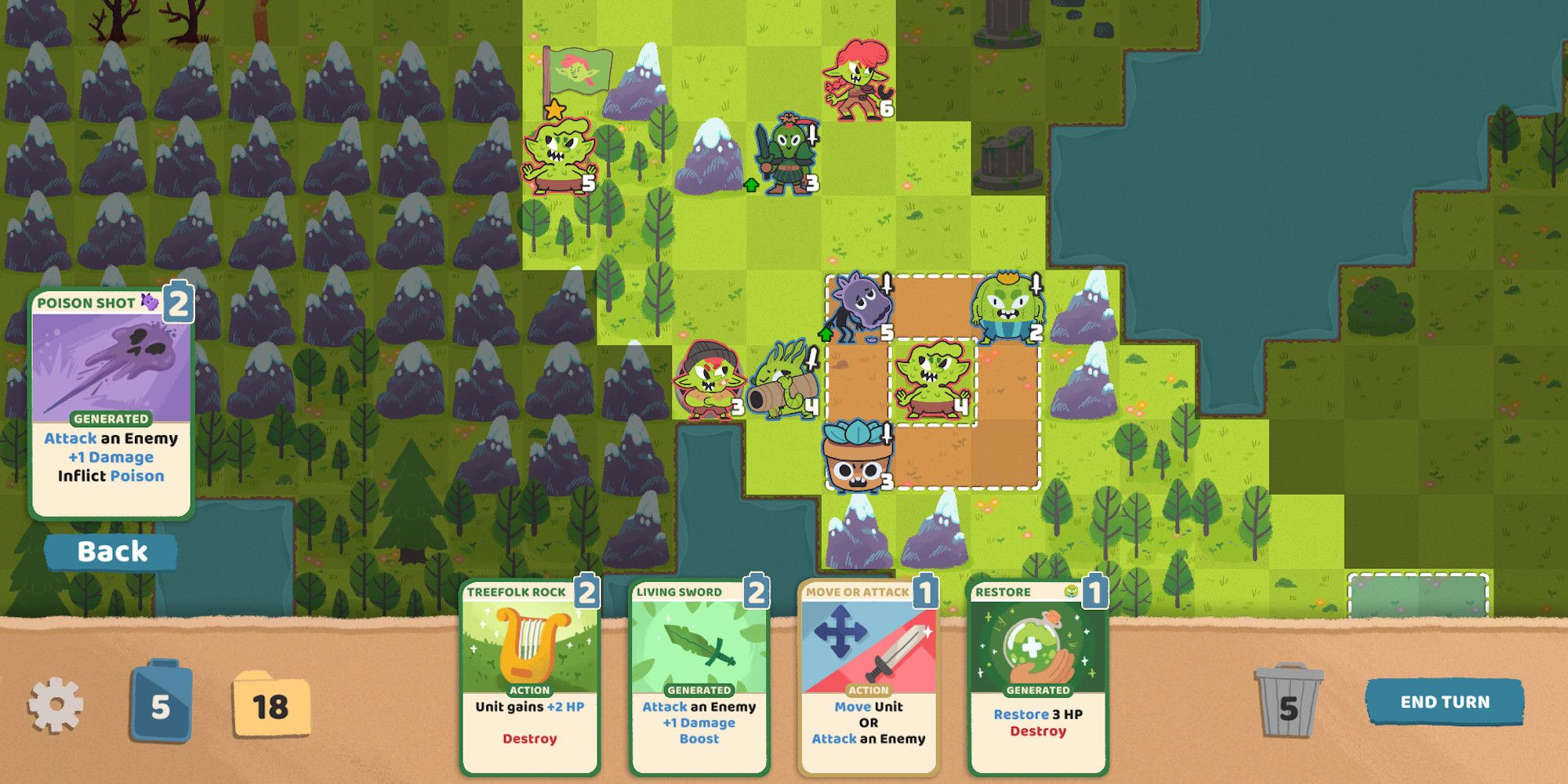 Cartoon characters arrayed on a grid while cards represent moves in the foreground