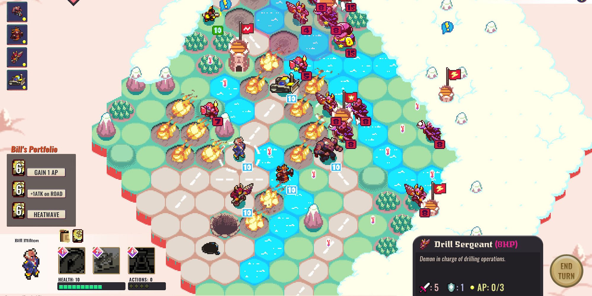 A colorful hexagonal grid featuring various units, terrains, fires, and UI elements