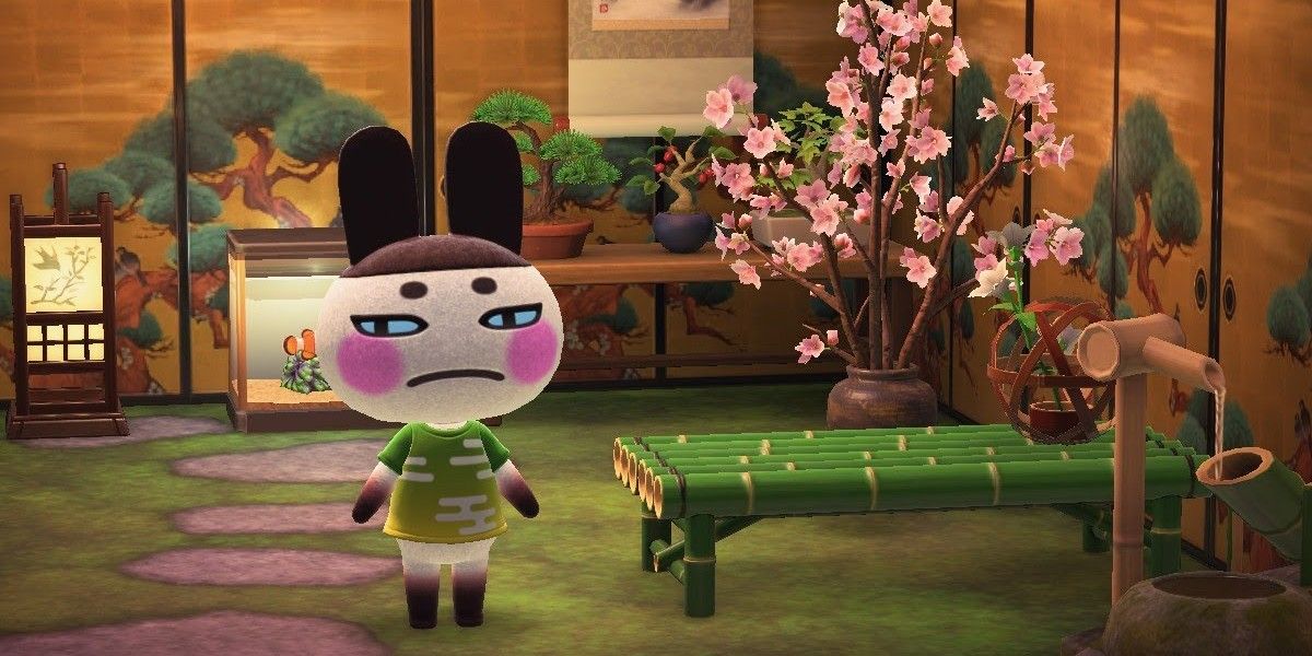 animal crossing new horizons genji the rabbit villager in his home