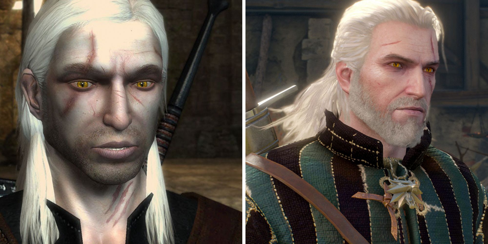 Geralt split image. The Witcher 1 and The Witcher 3: Wild Hunt.