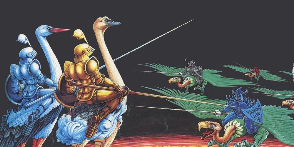 Joust Arcade Art. Both ostrich riding protagonists prepare to confront the numerous antagonists. 