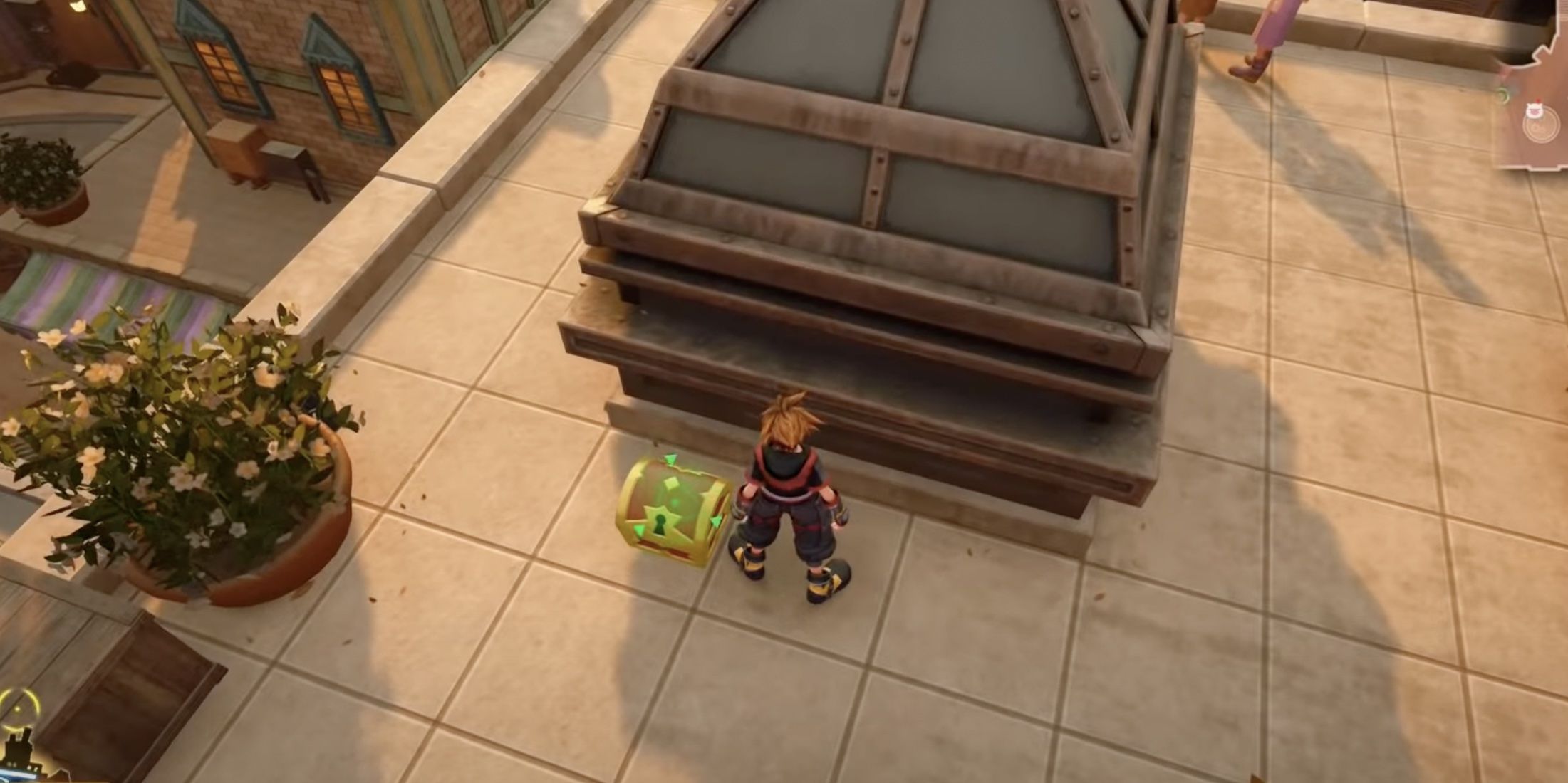 Sora standing over the second Treasure Chest in Kingdom Hearts 3's Twilight Town