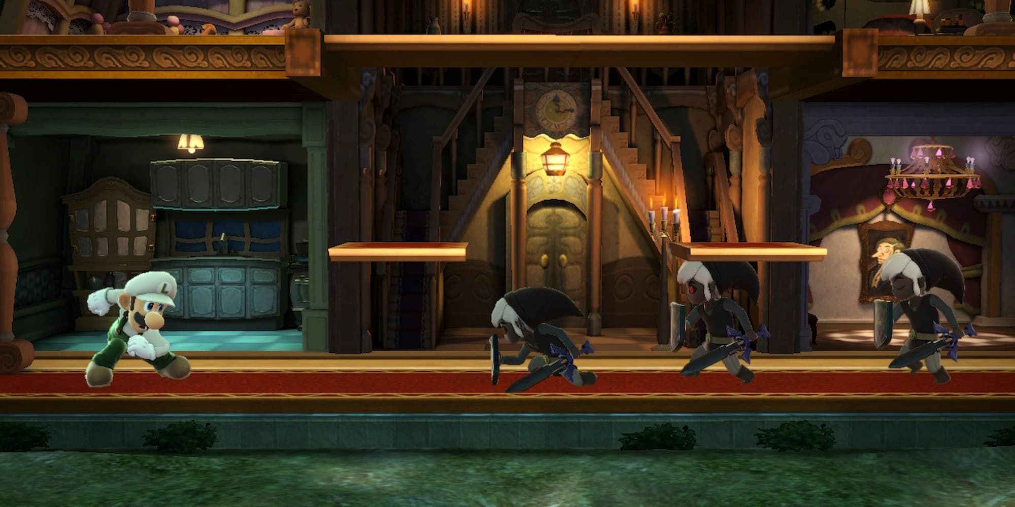 Luigi and three Toon Links in the Luigi's Mansion stage