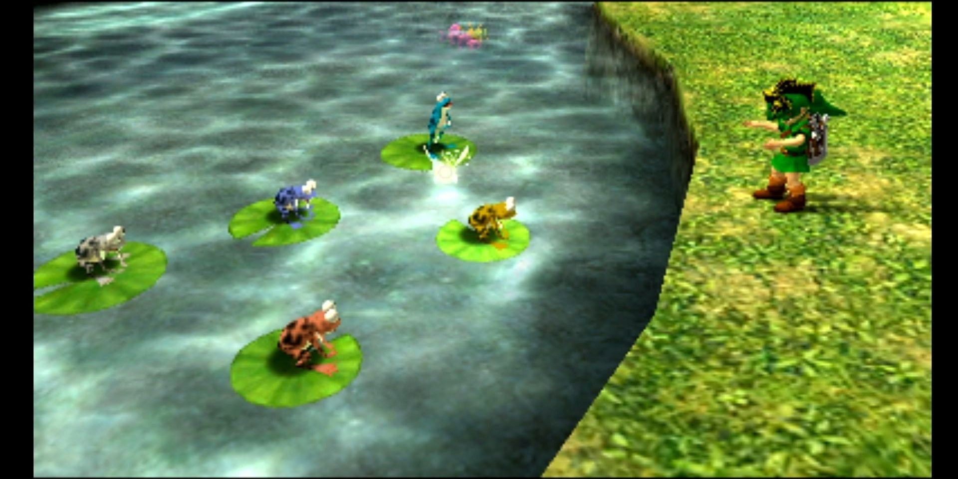 Link conducting the full choir of frogs while wearing the Don Gero mask