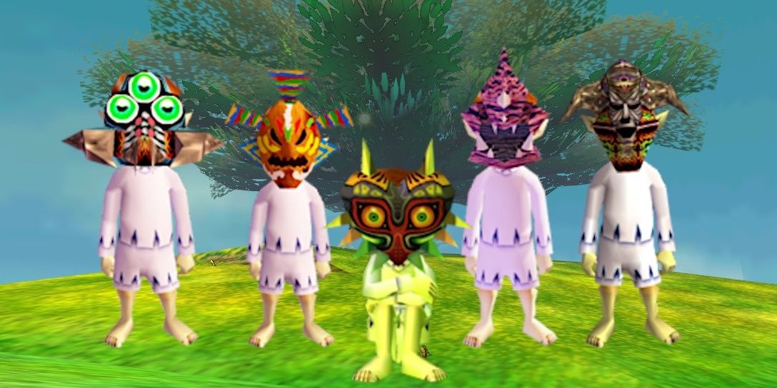 The five moon children all lined up, with the Majora's Mask child sitting at the center