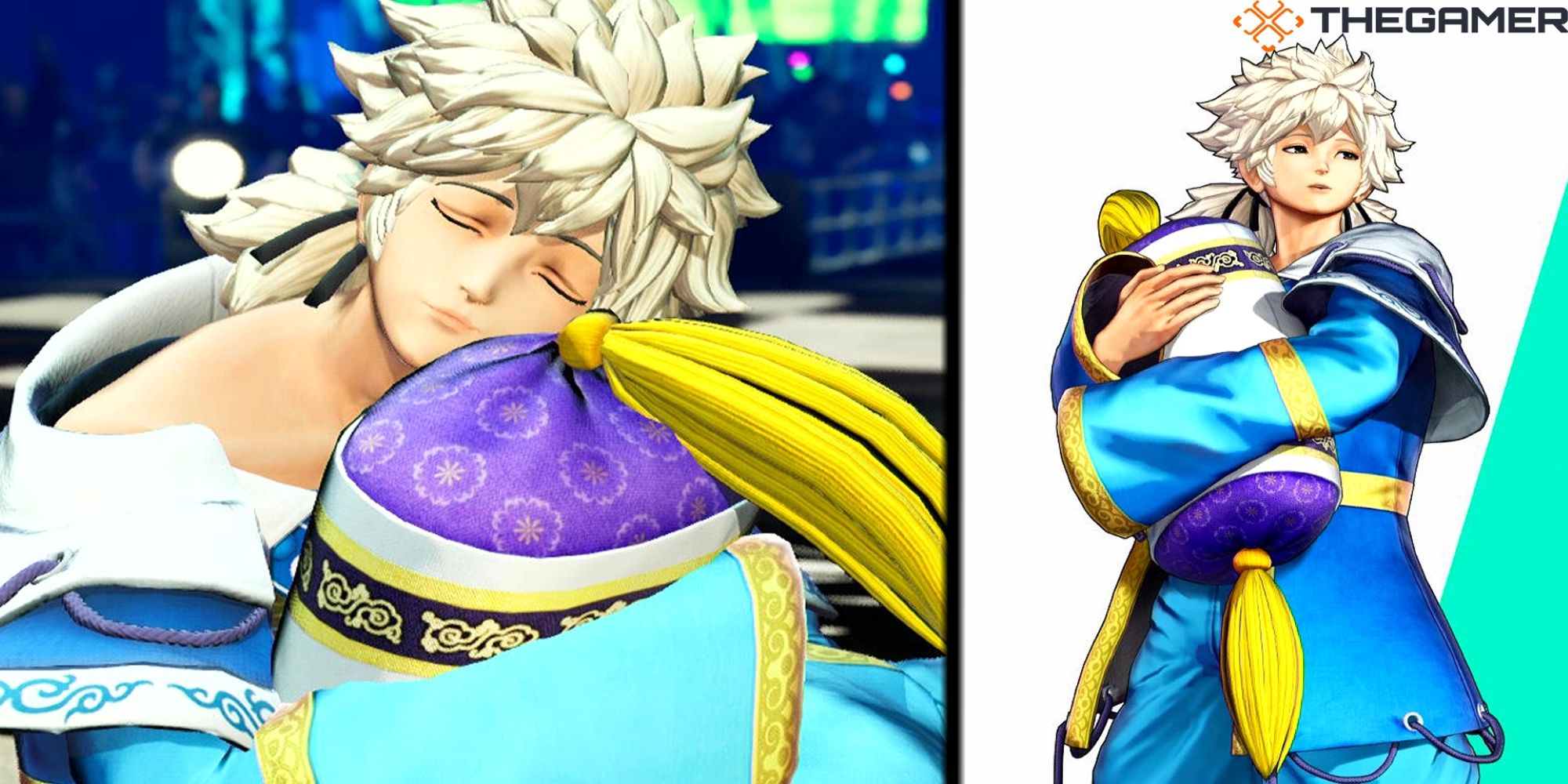 (Panel 1) Meintenkun sleeping during his win pose at the Concert Hall in The King Of Fighters 15. (Panel 2) Meintenkun's character portrait from the VS screen in The King Of Fighters 15.