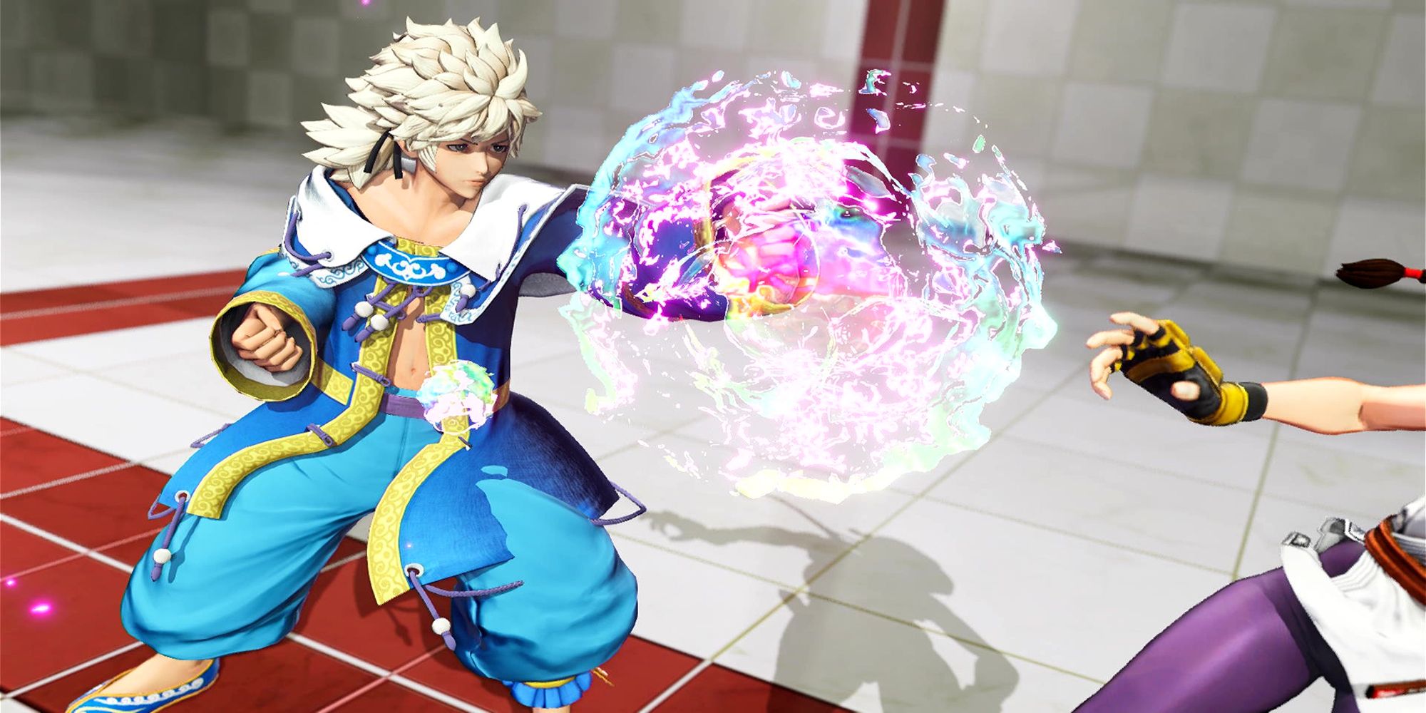 Meitenkun punches Yuri during his Seikaku Meitengyobu at the Training Stage in The King Of Fighters 15.