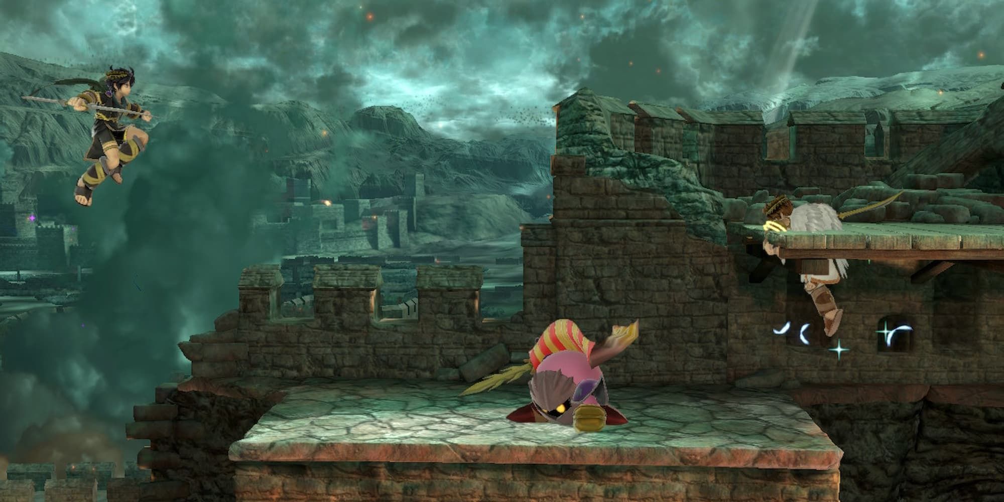 Meta Knight surrounded by Dark Pit to the left and Pit to the right