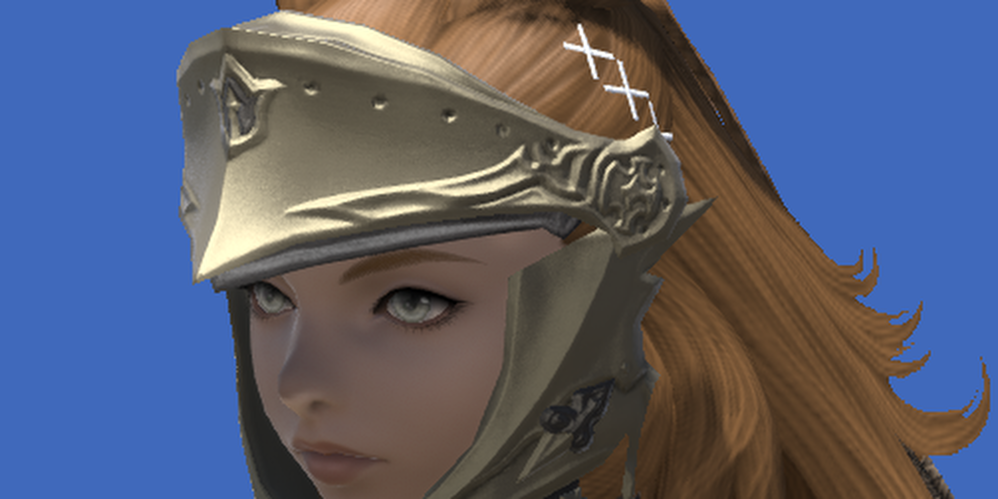 close up of augmented lost allagan headgear of striking on a female viera