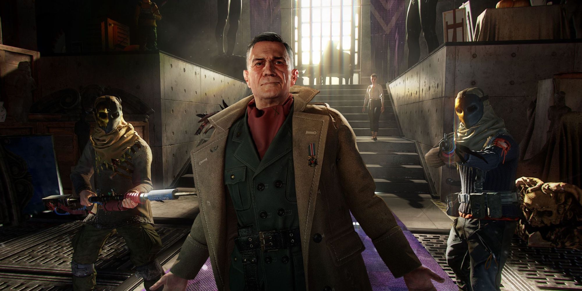Dying Light 2 a wide shot of Chris Williams stood with his arms out with two men in masks holding rifles behind him