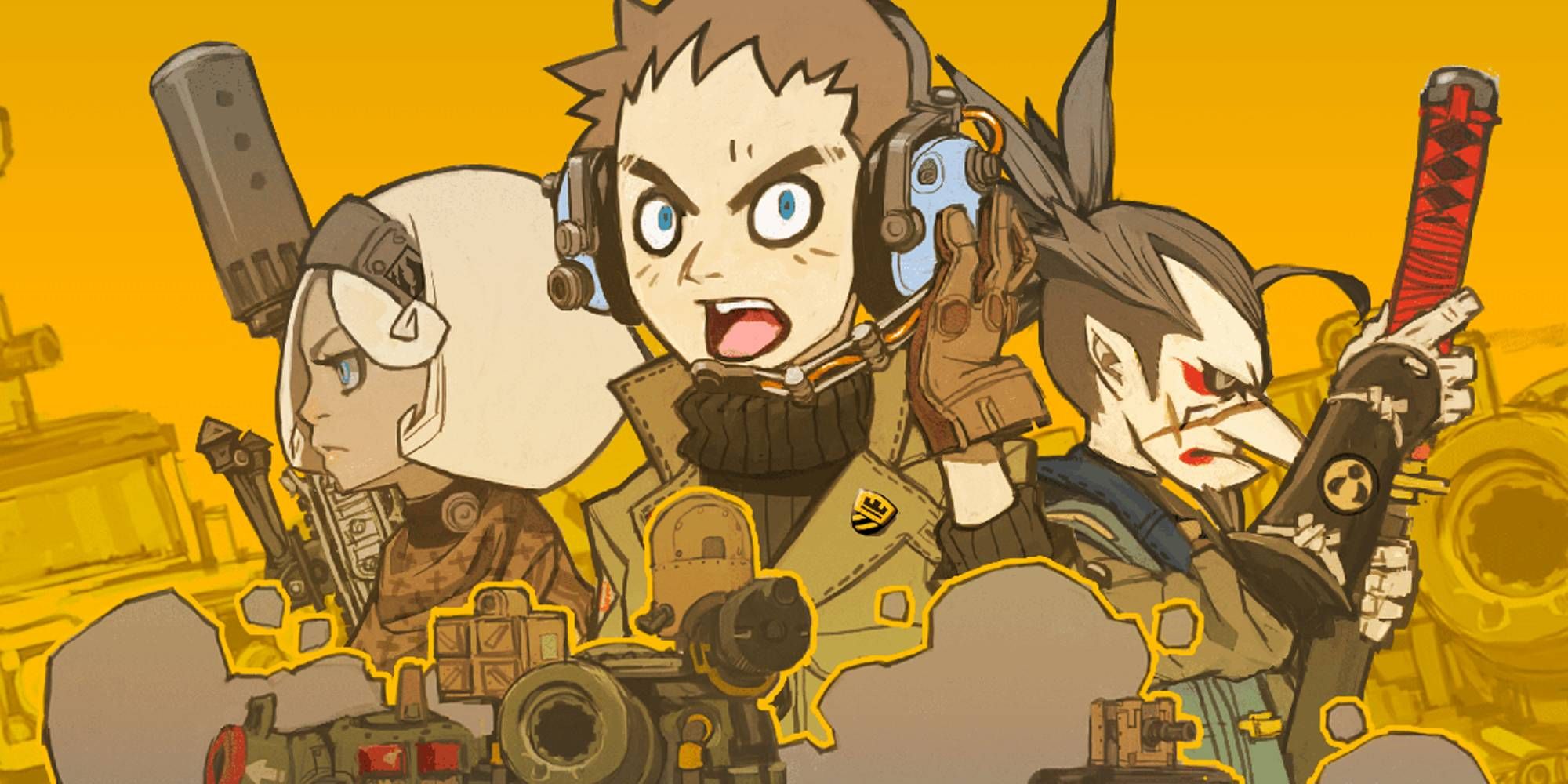 Promotional artwork for the game Tiny Metal featuring the characters of Isoroku Tsukumo, Nathan Gries and Wolfram