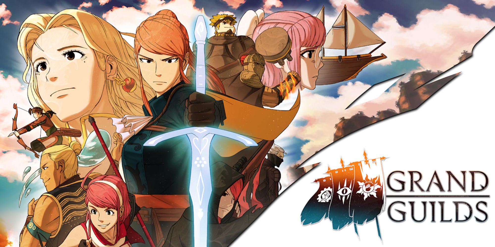 The promotional image for the game Grand Guilds featuring its logo in the bottom right and then a collage of all of the characters in the middle