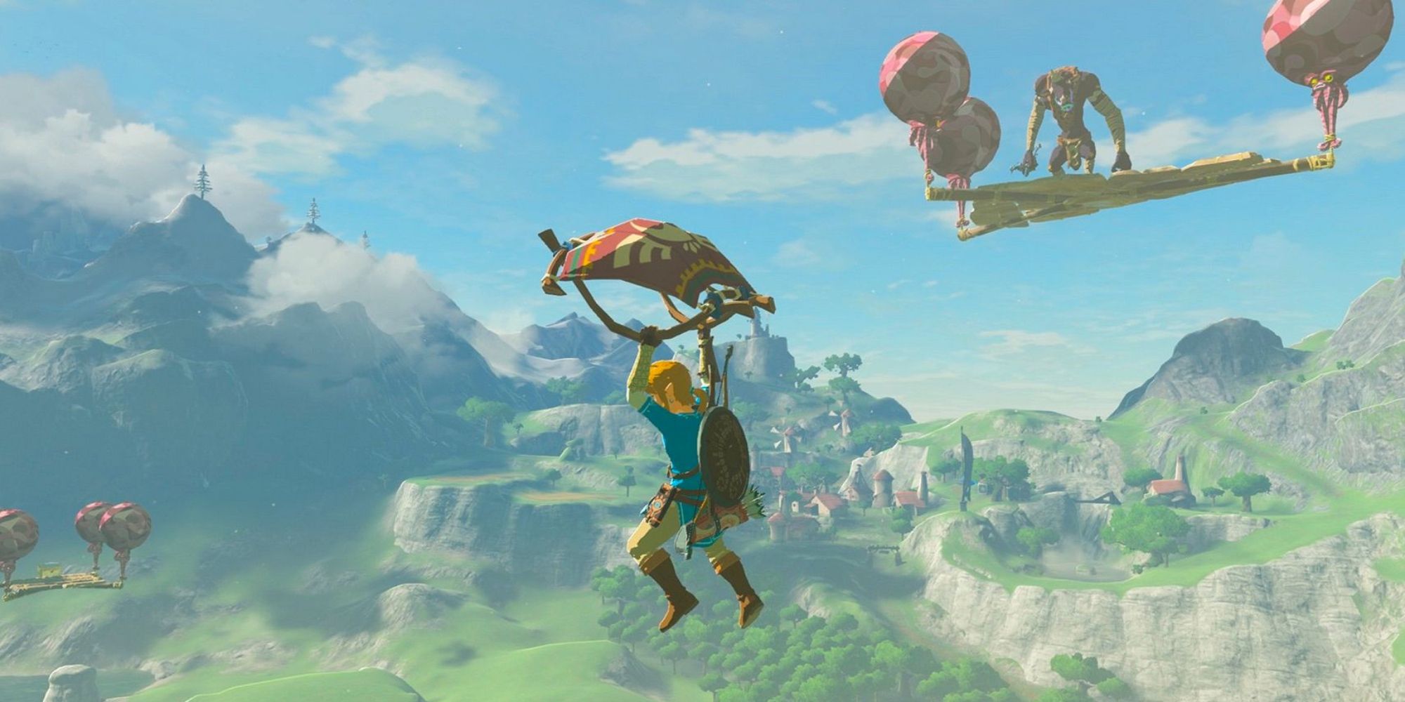 wide angle shot of Link gliding through the air as a moblin watches from a platform suspended by balloons