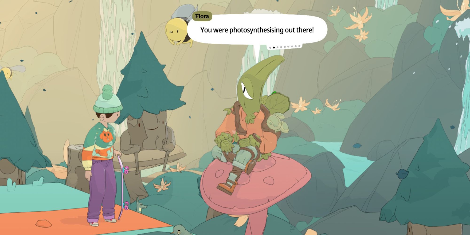OlliOlli World Characters a mid shot of the player character and Flora talking, with Flora sat on a mushroom with their legs crossed with a forest as the backdrop