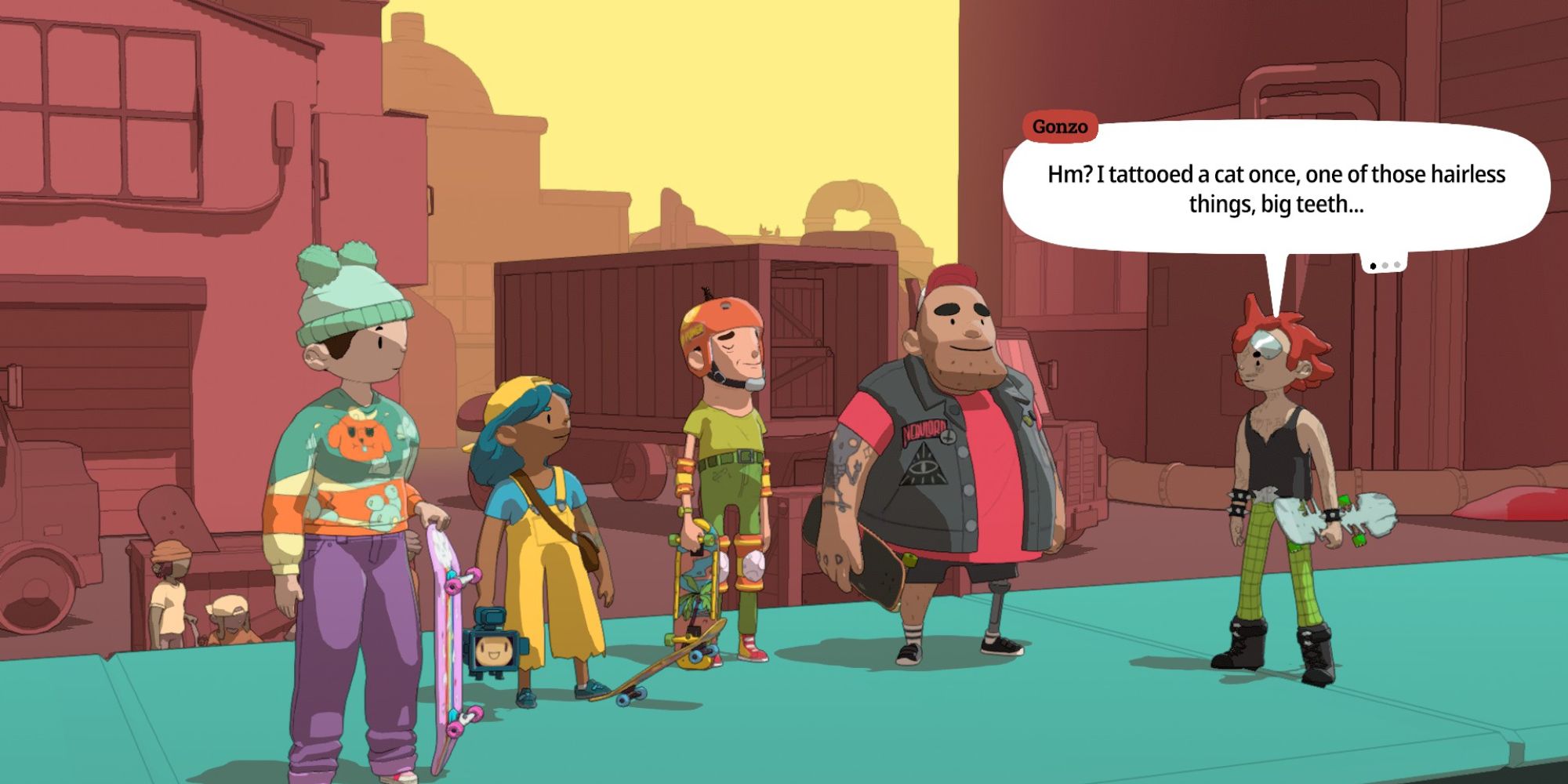 OlliOlli World Characters a mid shot of a group of characters including Gnarly Mike, Dad and Suze talking to Gonzo on a street