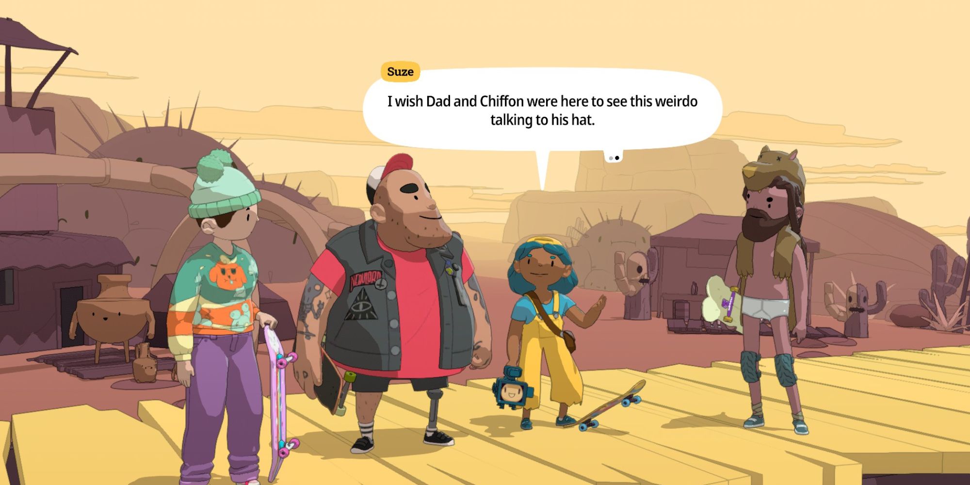 OlliOlli World Characters a mid shot of Gnarly Mike and Suze talking to the Jackal-Man in the desert