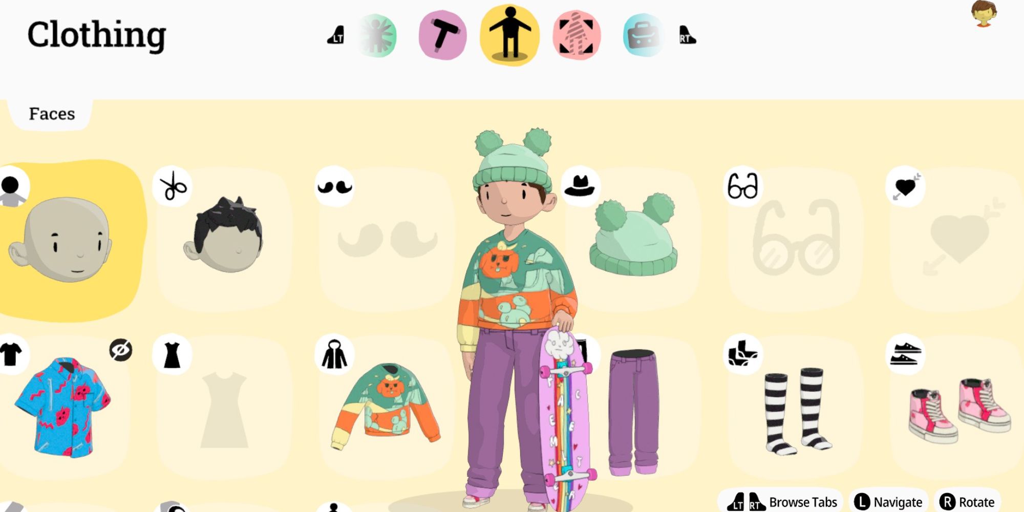 OlliOlli World Characters a character customisation menu featuring the player character in the middle and a range of customisable options around them