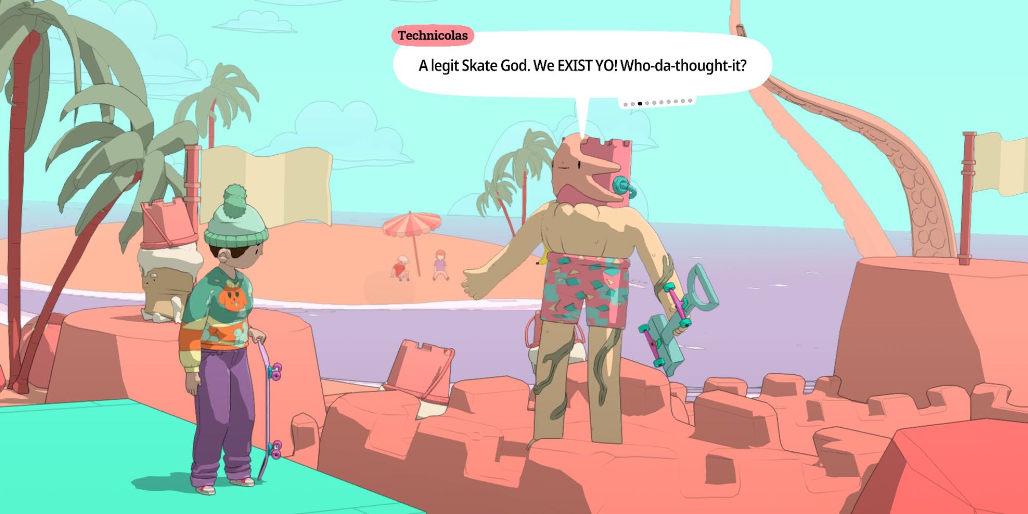 OlliOlli World Characters a mid shot of the player character talking to the God Technicolas who is stood on a series of large sandcastles