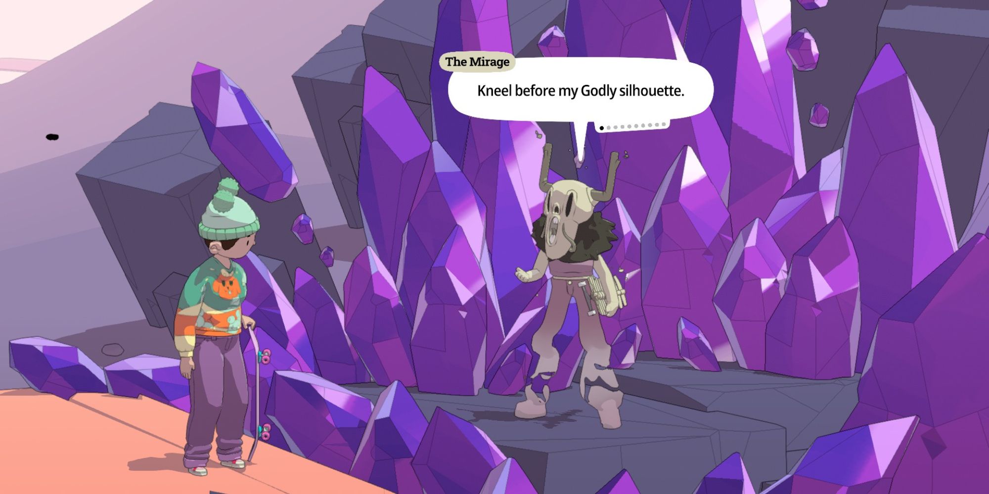OlliOlli World Characters a mid shot of the player talking to The Mirage who is surrounded by a circle of large purple crystals