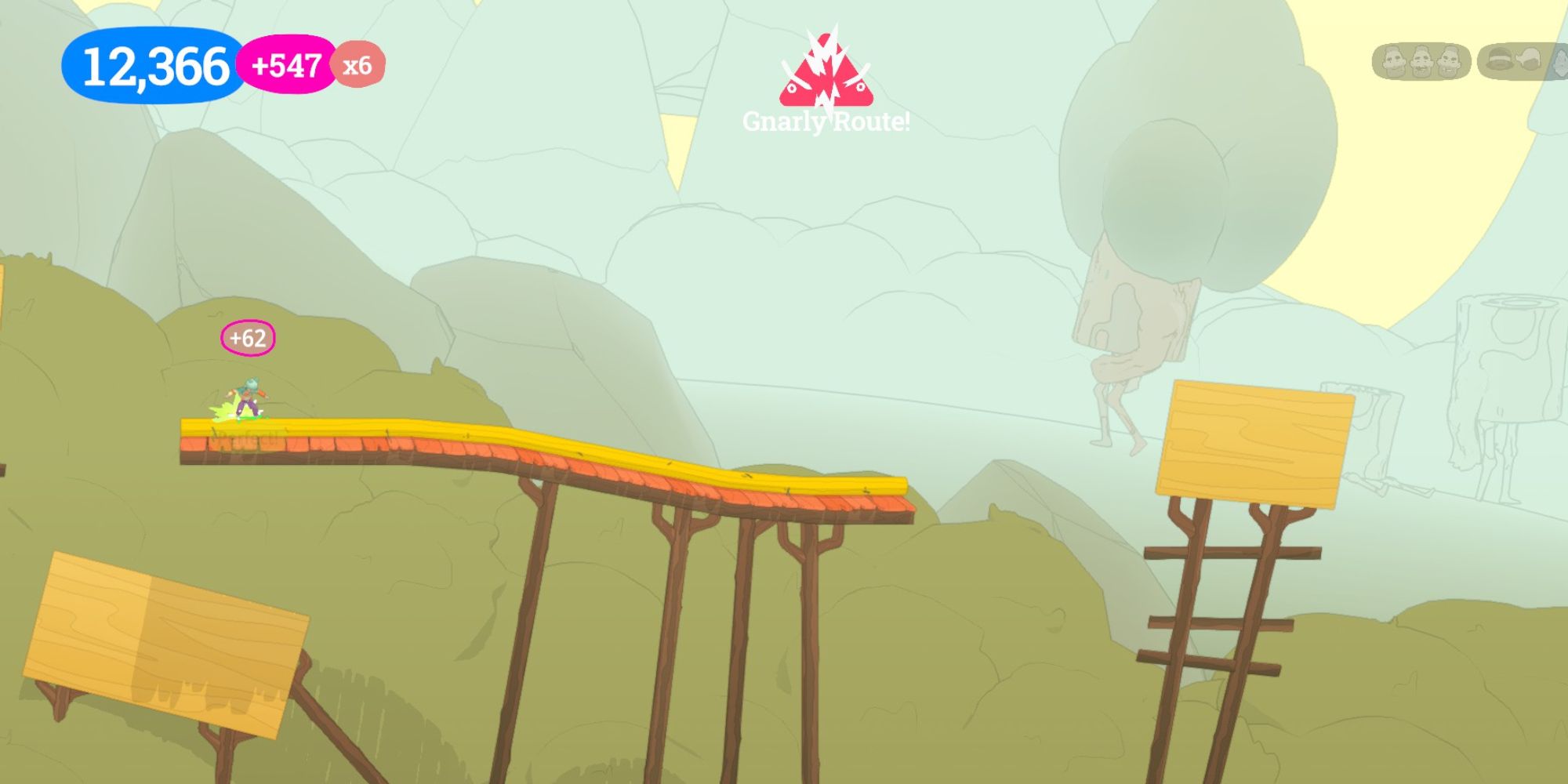 OlliOlli World Levels a wide angle shot from the level Chuck's Lakeview Pro Park of the player character grinding across yellow beams with trees and hills in the background and a suspended billboard coming up