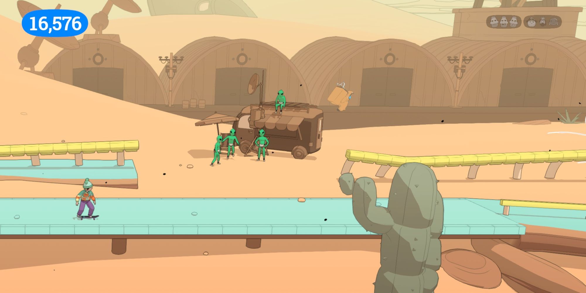 OlliOlli World Levels a wide shot from the level Area 41 of the player character skating by a group of aliens in the background huddled around a truck 