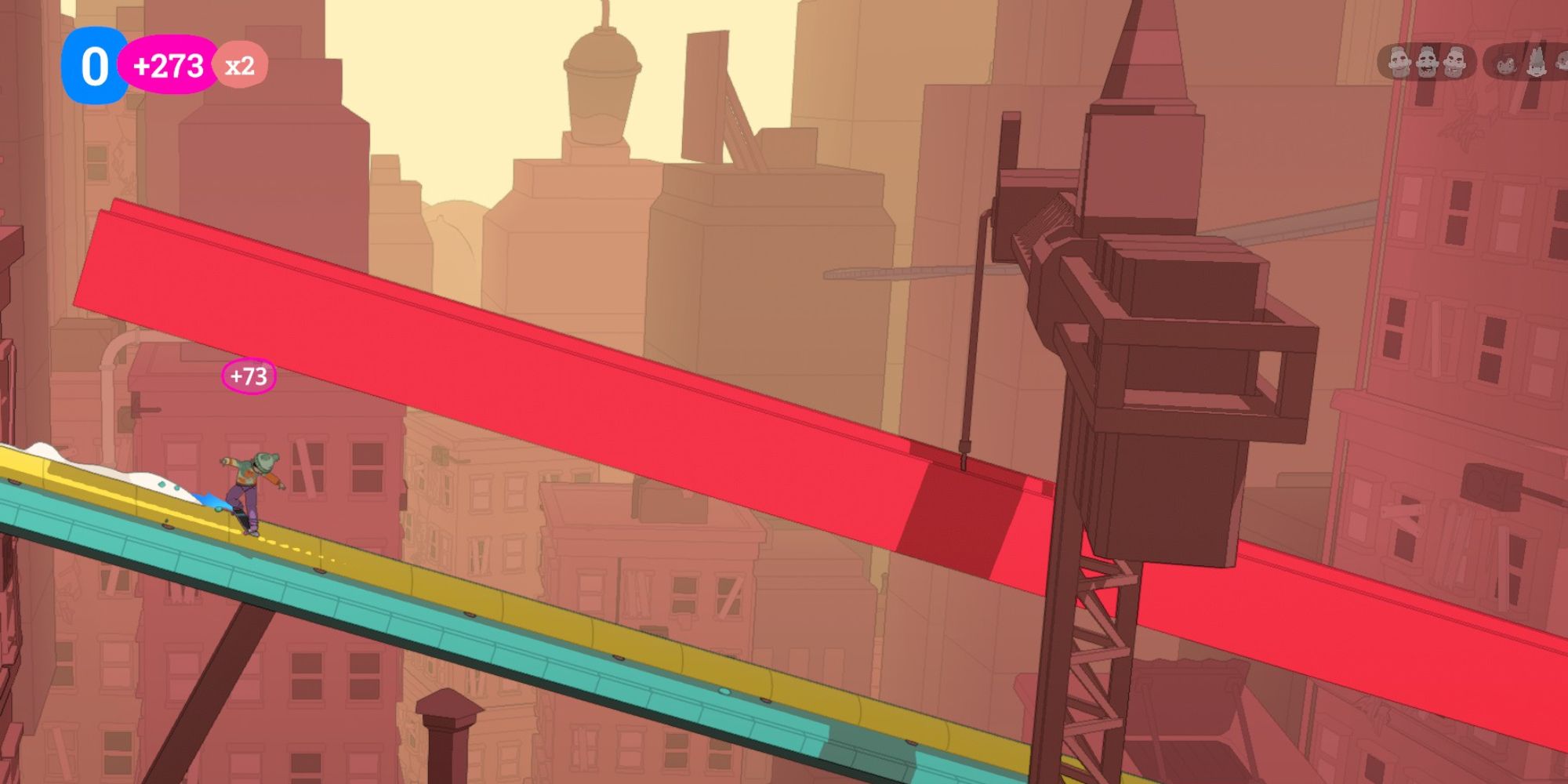 OlliOlli World Levels a wide angle shot from the level Bingo Lagoon of the player grinding down a slope towards a large crane with a monochrome cityscape in the background