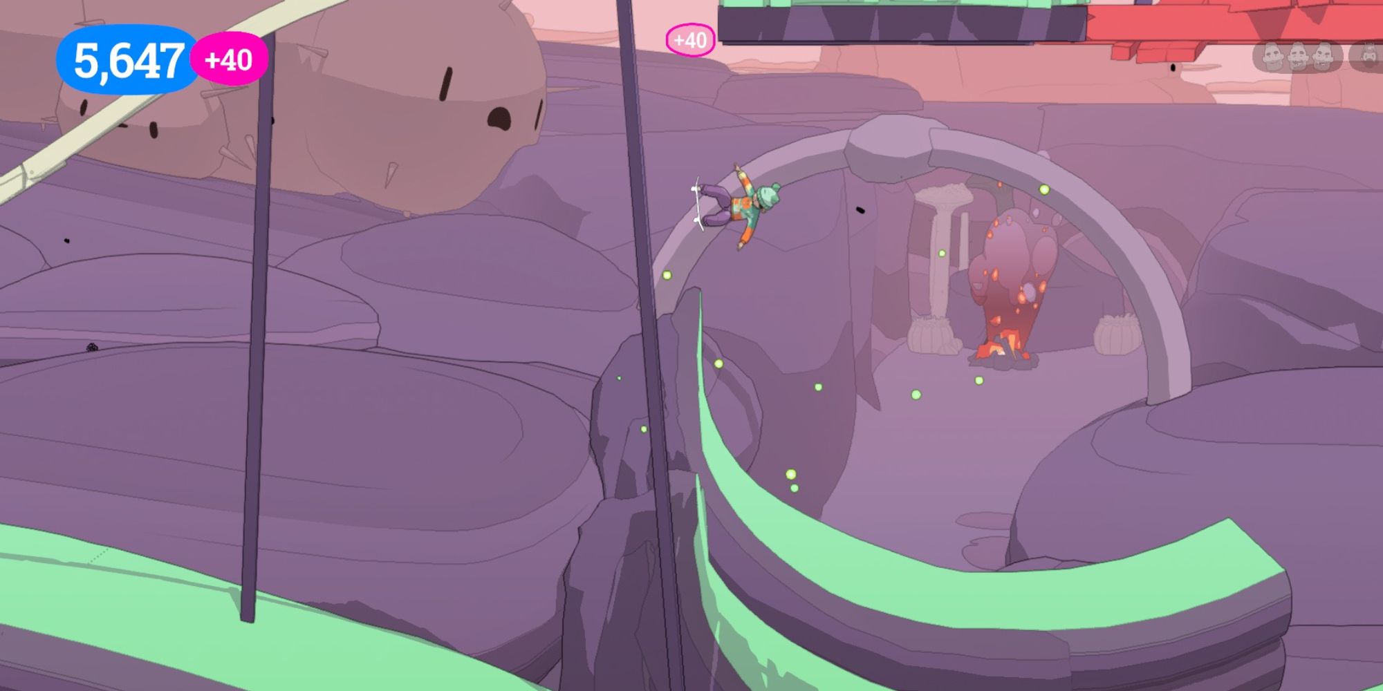 OlliOlli World Levels a wide shot from the level BurntROCK Fest of the player character in the air with a series of loops behind them and a rocky backdrop in the distance