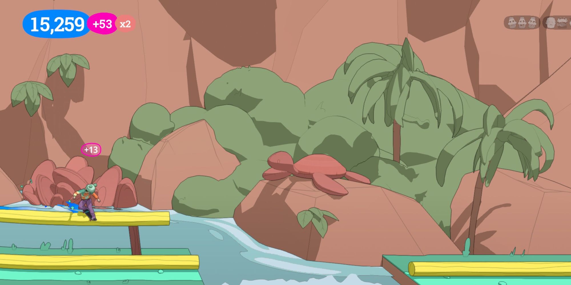 OlliOlli World Levels a mid shot of the level ParadICE Caves with the player grinding across a yellow beam with a gap in the centre of the frame where a turtle sits on a rock