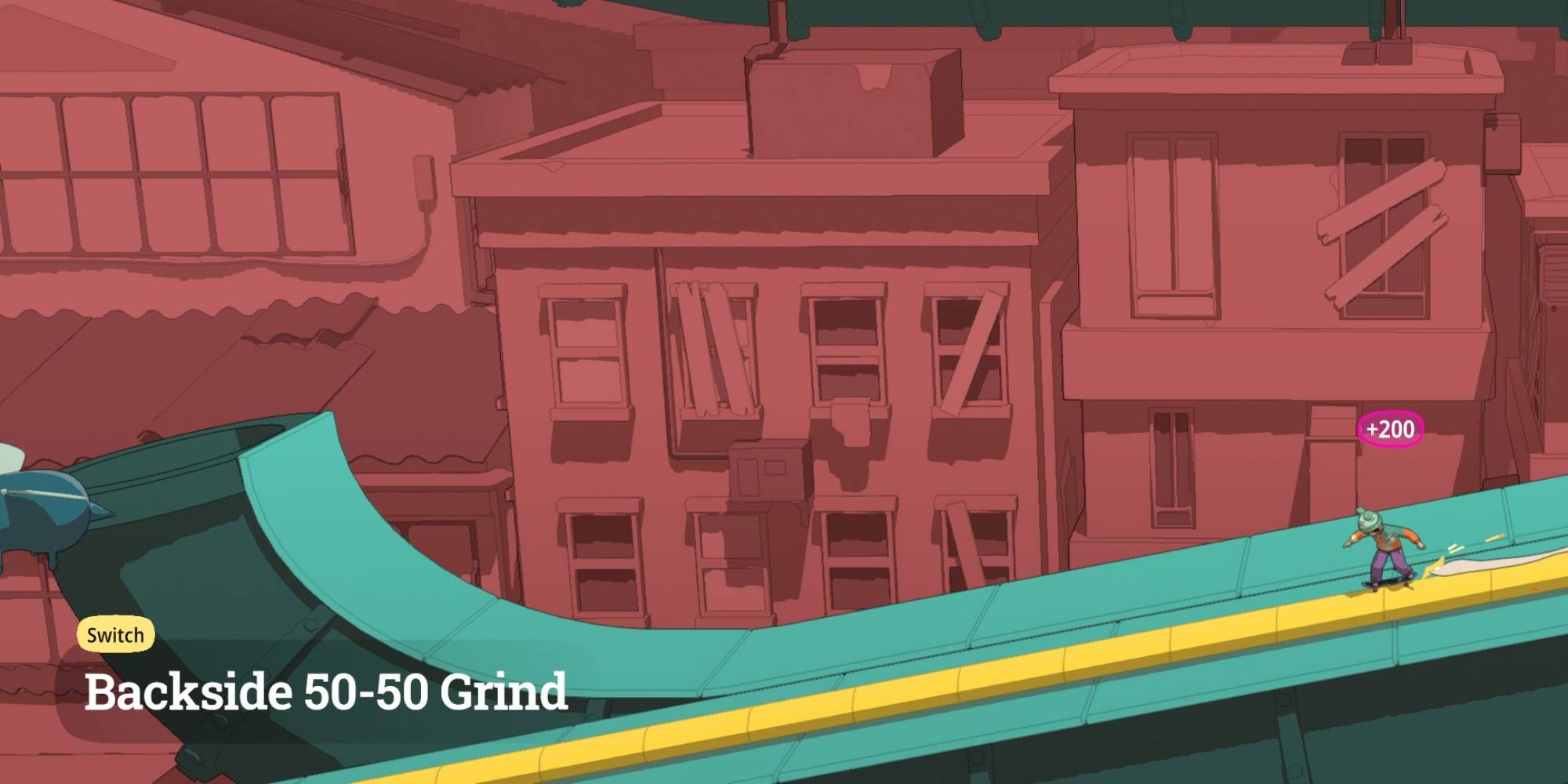 OlliOlli World Levels a wide shot of the level Rad Dad's Shop with the player character grinding down a slope with a reddish cityscape in the background