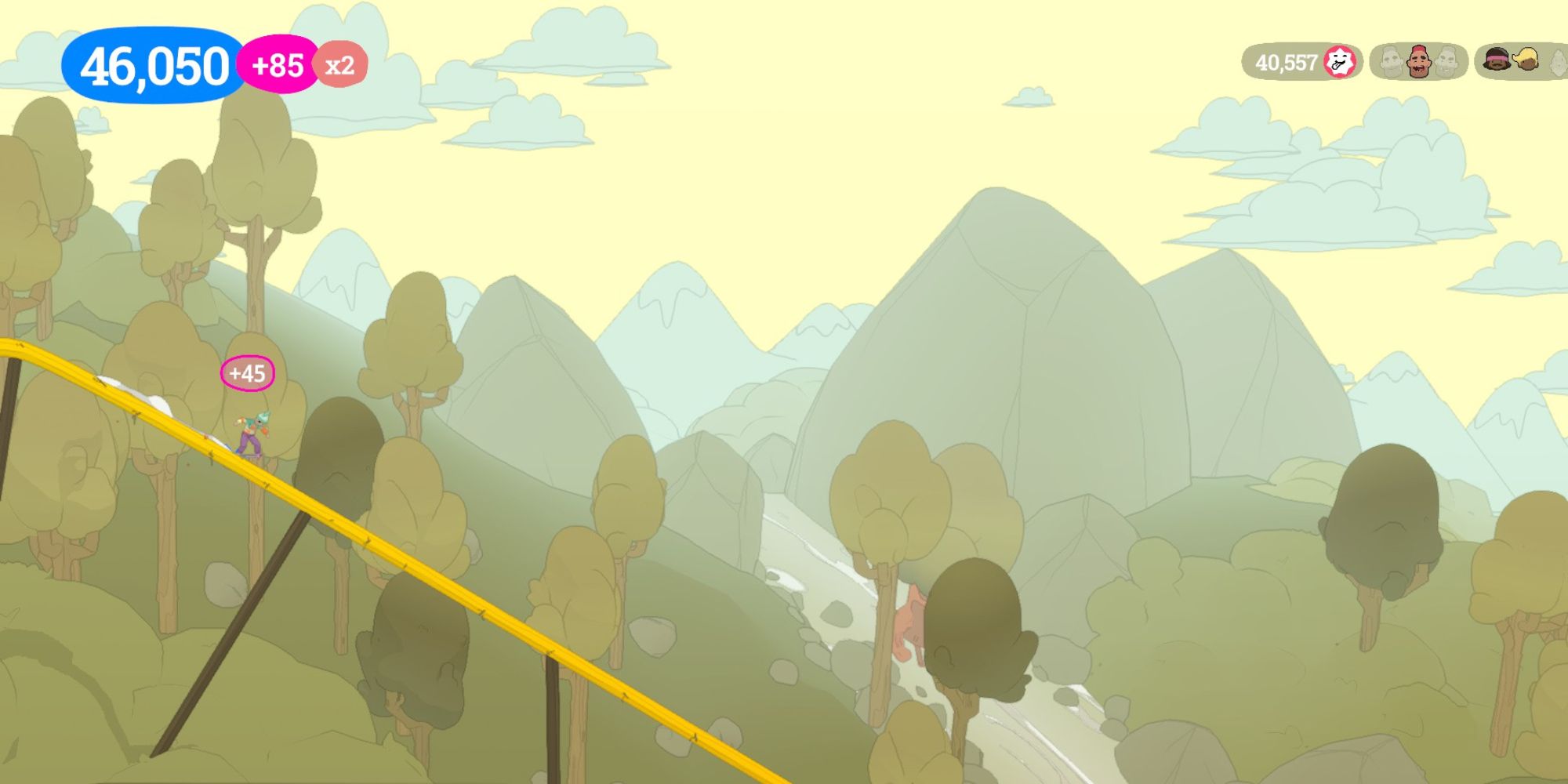 OlliOlli World Levels a wide shot of the level Rush Canyon with the player grinding downwards towards a rushing stream in the distance