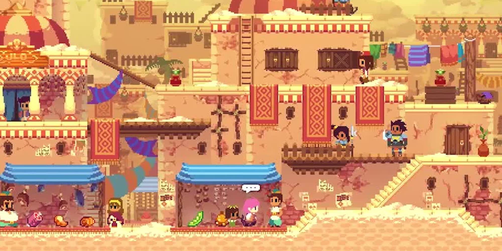 A desert city from Phoenotopia 2 featuring red rugs and brown mud buildings