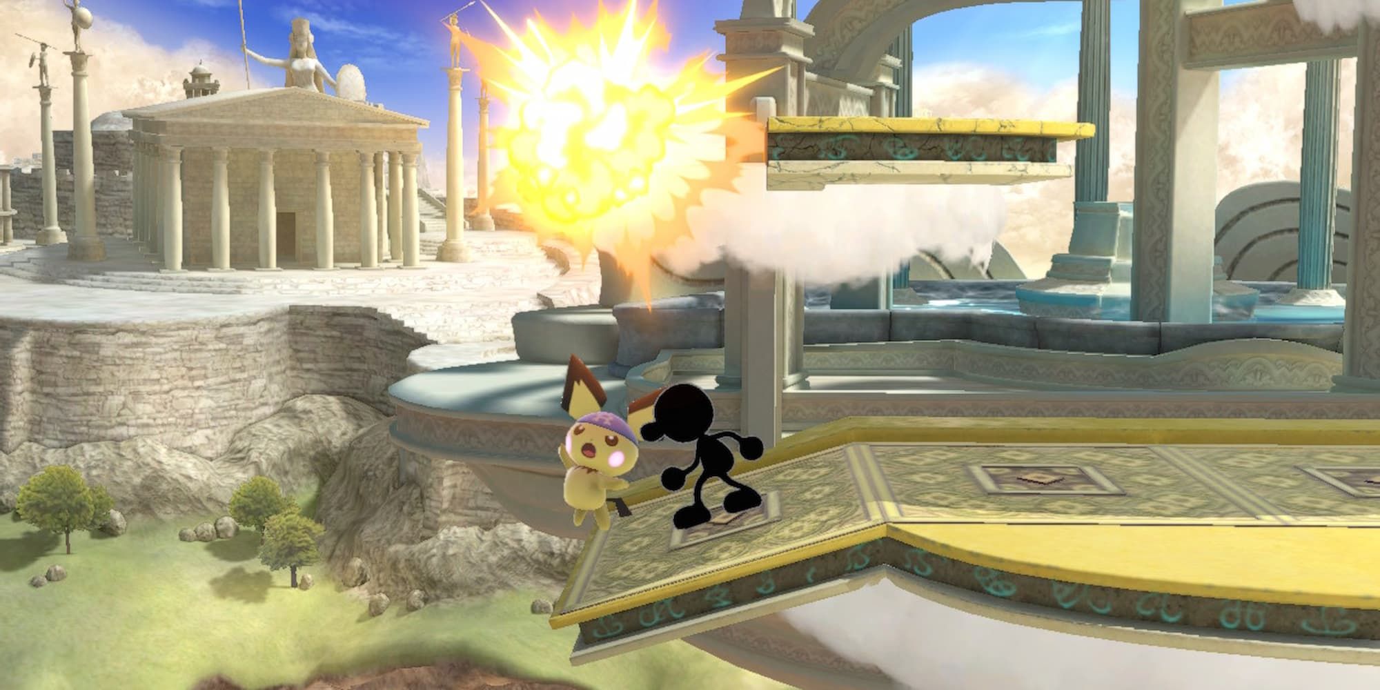 A thunderbolt explodes above Pichu and Mr. Game & Watch