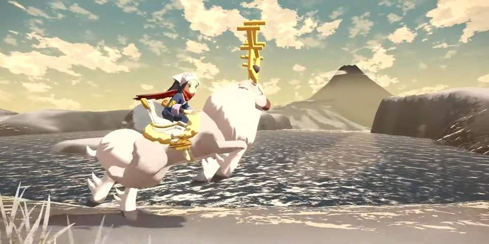 A Wyrdeer running through the open world with a player on its back in Pokemon Legends Arceus
