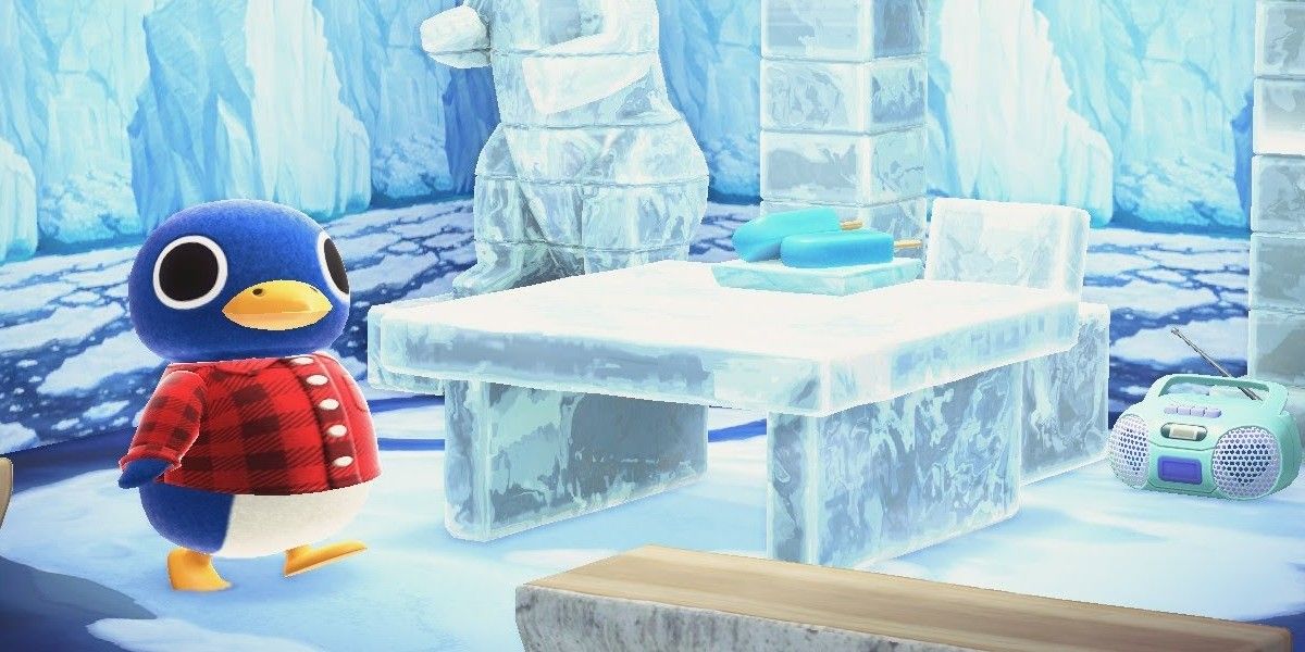 animal crossing new horizons Roald the penguin in icy snowy home
