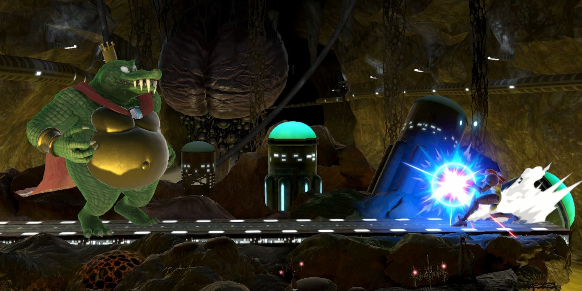 Samus charges her plasma beam at a giant K Rool